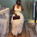European and american cross-border women's fashion  summer new arrival: elegant halter white high-waisted mesh irregular dress