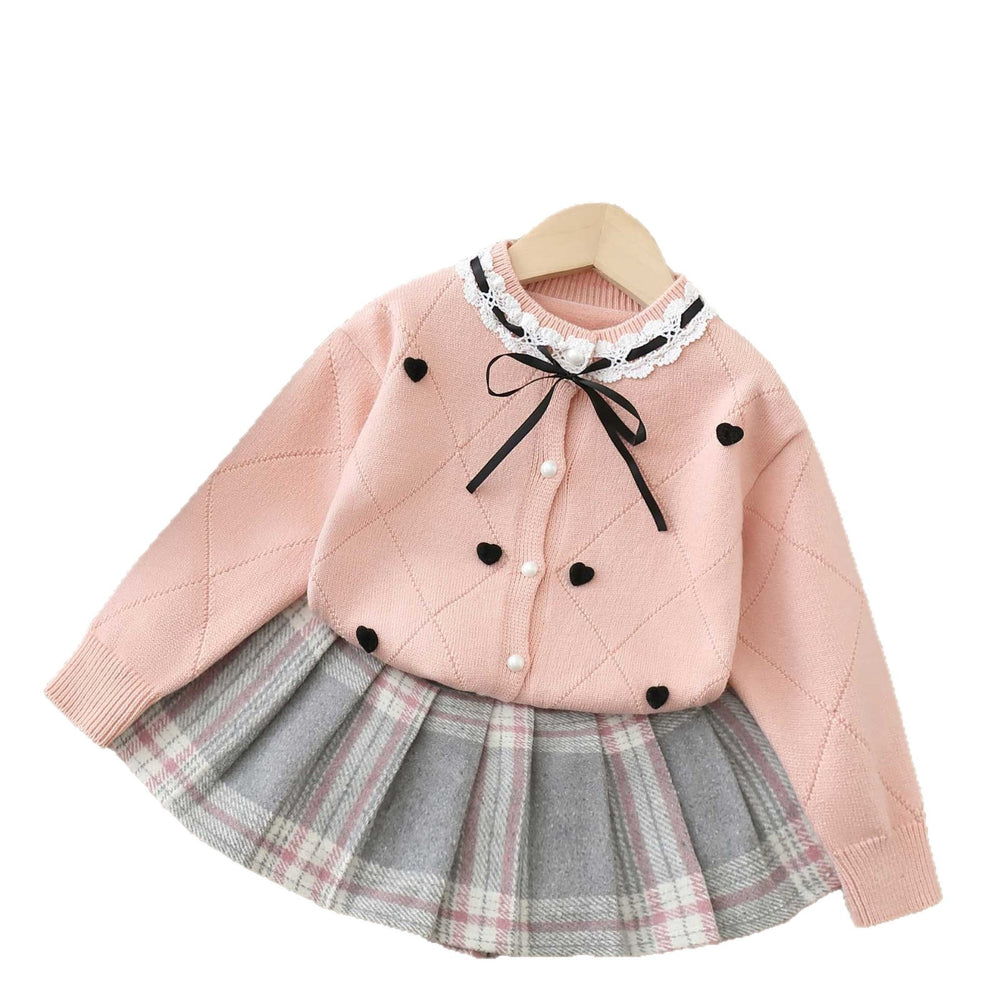 Girls' knit sweater set -  new heart knit sweater korean style tie-up bow soft cardigan two-piece set