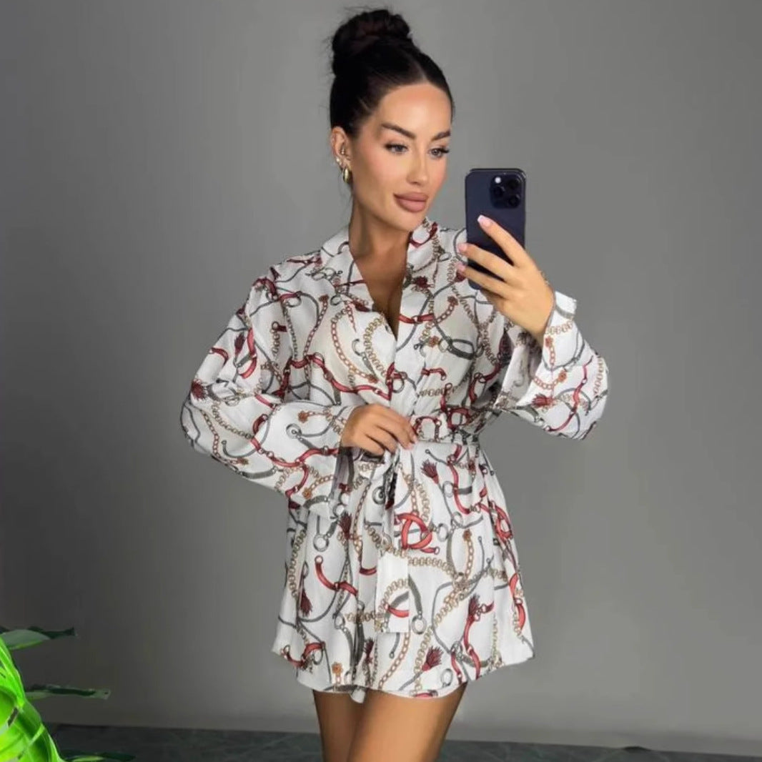 Cross-border European and American sexy deep V-neck long-sleeved cardigan shirt casual shorts women's  temperament foreign style fashion suit