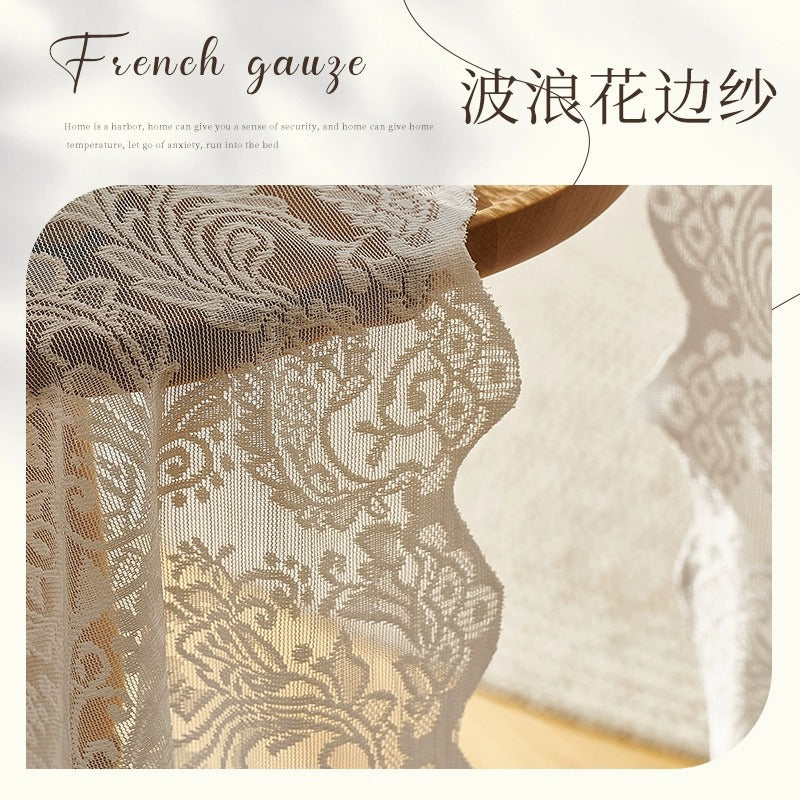 French retro lace sheer curtain, minimalist chic window curtain, no-drill sheer partition curtain, wavy lace curtain decoration