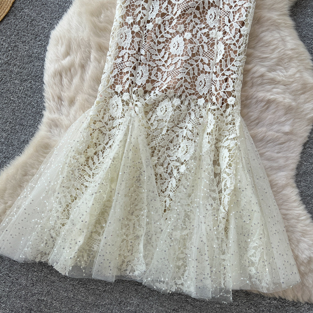 Elegant lace collar dress - women's summer slimming fishtail maxi dress with short sleeves, perfect for work - apricot