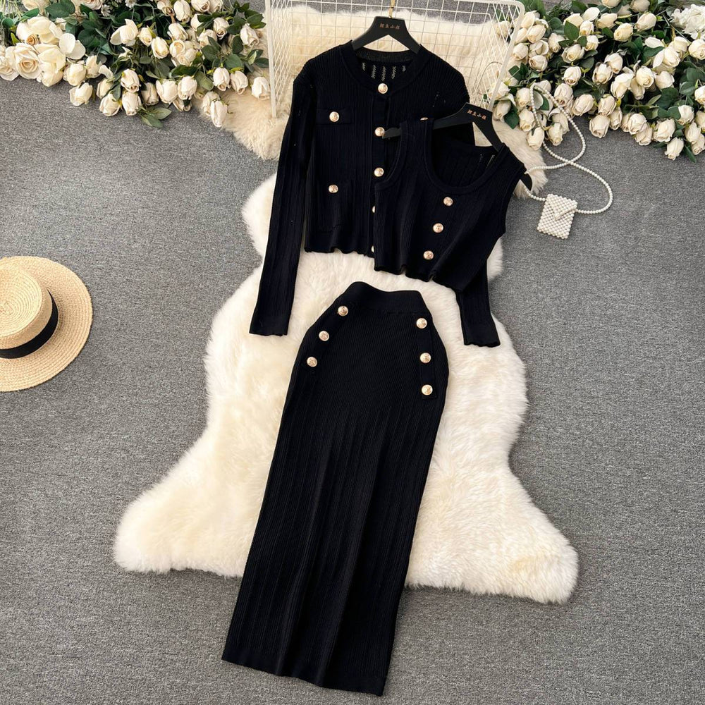 Xiaoxiangfengsuit early spring wear short vest easiest for matchknittingcardigan double-breasted skirtelegant three-piece set