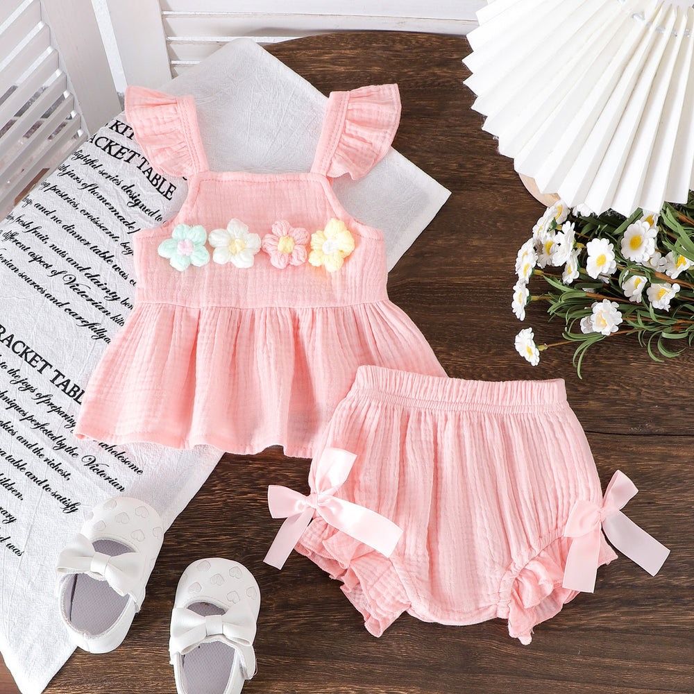 Amazon new arrival: summer solid color flutter sleeve floral puff top with bow detail and hip-hugging shorts - infant & toddler clothing