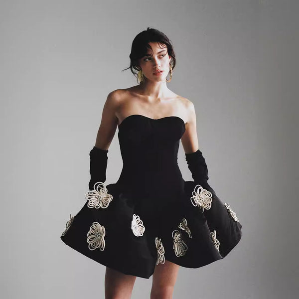 popular women's clothing French Hepburn tube top tutu black flower bandage dress new