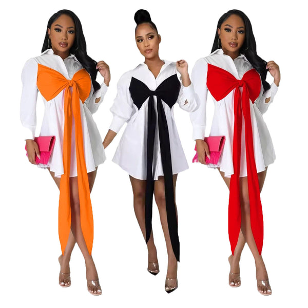 YZ1373   fashion casual shirt dress splicing dress chest wrap straps autumn and winter models