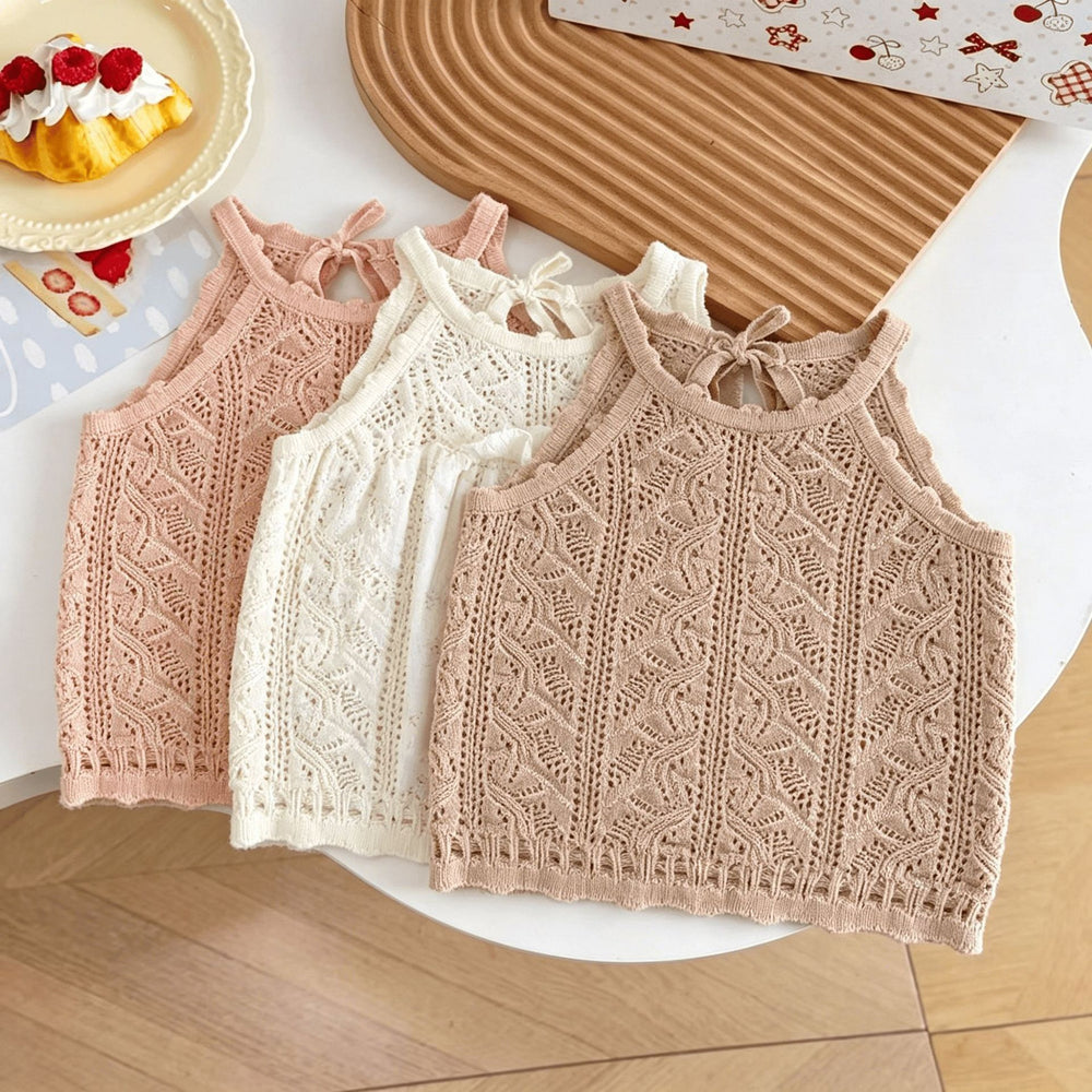 Girls' summer new knitted tank top - baby versatile raglan sleeve tie-up cutout backless sleeveless baby cami