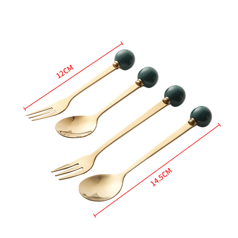 Simple macaron glazed ceramic handle fruit fork creative stainless steel fork spoon high-value home dessert spoon