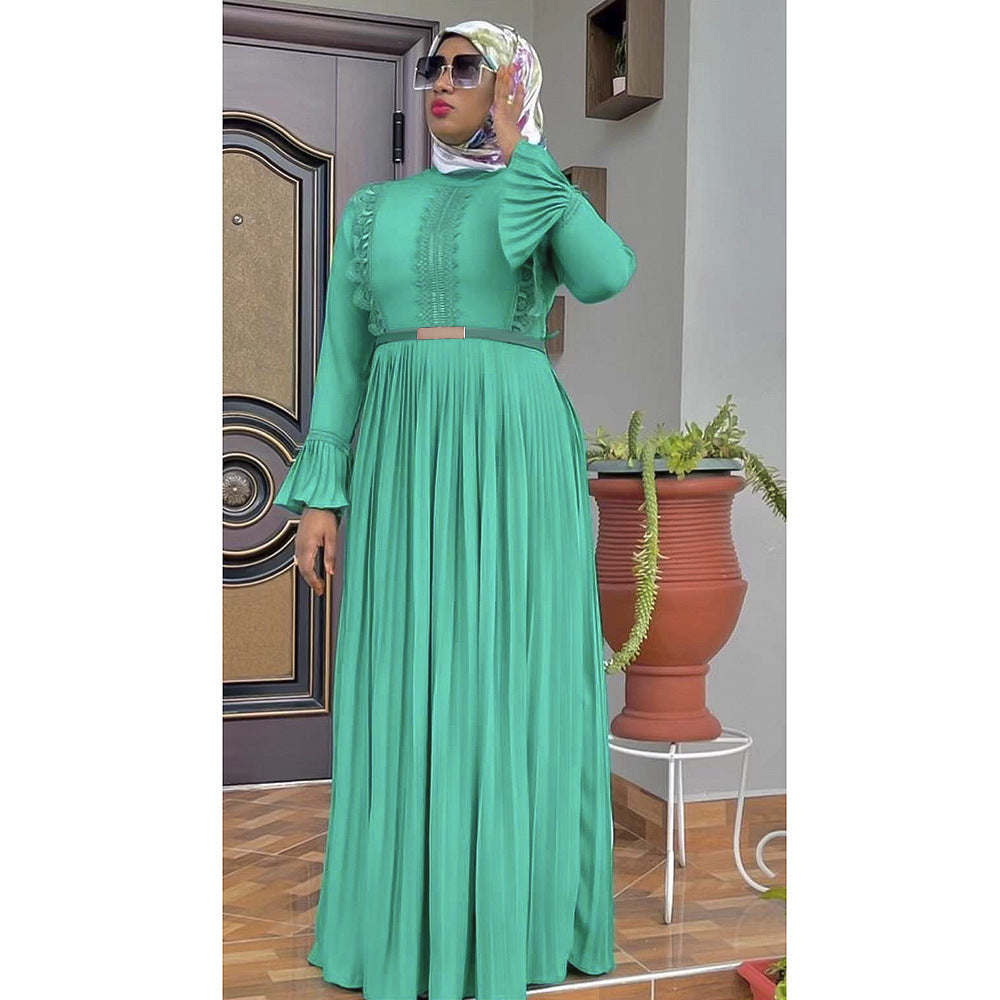 African women's fashion: elegant commute-ready long sleeve chiffon pleated midi dress with belt