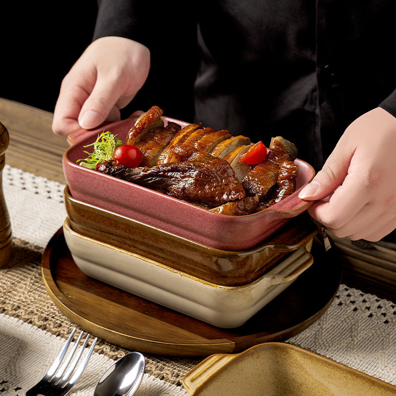 Creative kiln-turned double-ear ceramic baking dish baking tool cheese rice pizza plate pasta plate barbecue rectangular plate
