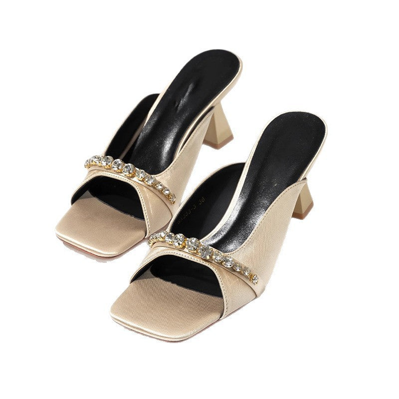 Rhinestone tweed style sandals 2025 summer open toe white beautiful high heels champagne color square toe sandals for women