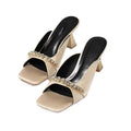 Rhinestone tweed style sandals 2025 summer open toe white beautiful high heels champagne color square toe sandals for women