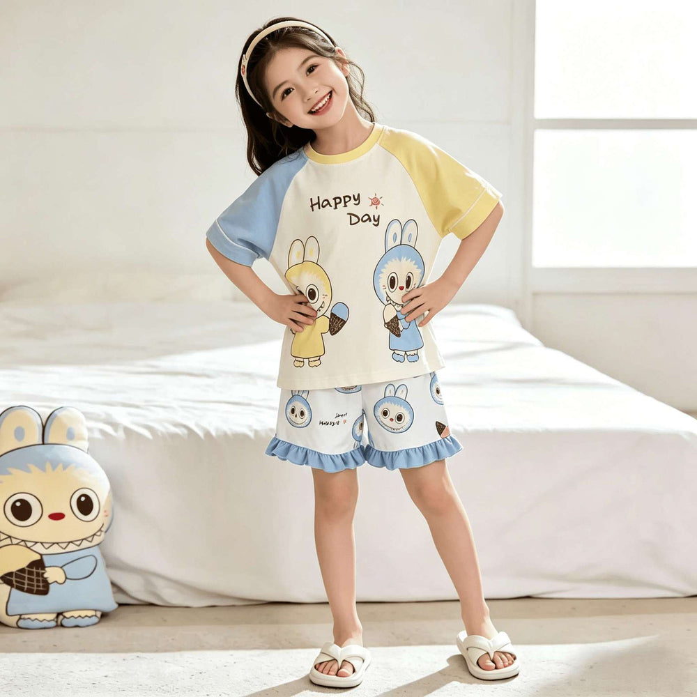 [family style] girls' zhongda tong pajamas suit summer short sleeve baby cartoon cute home clothes nightgown