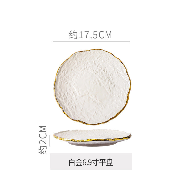 Luxury retro-style irregular ceramic dinnerware set with embossed gold trim – perfect for home, restaurant, and hotel table settings