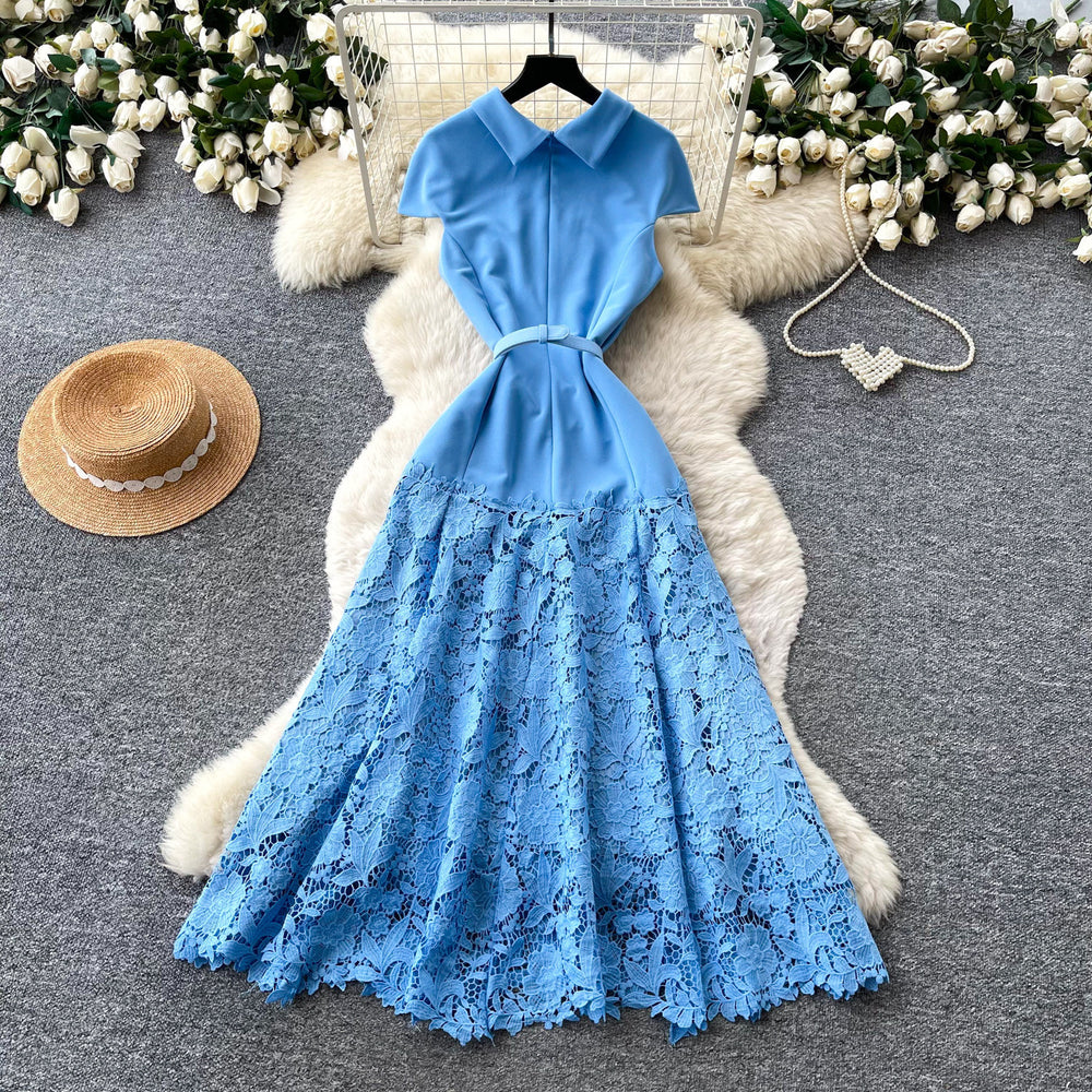 Elegant lace patchwork a-line maxi dress - high waist, slim fit, korean style, summer collection