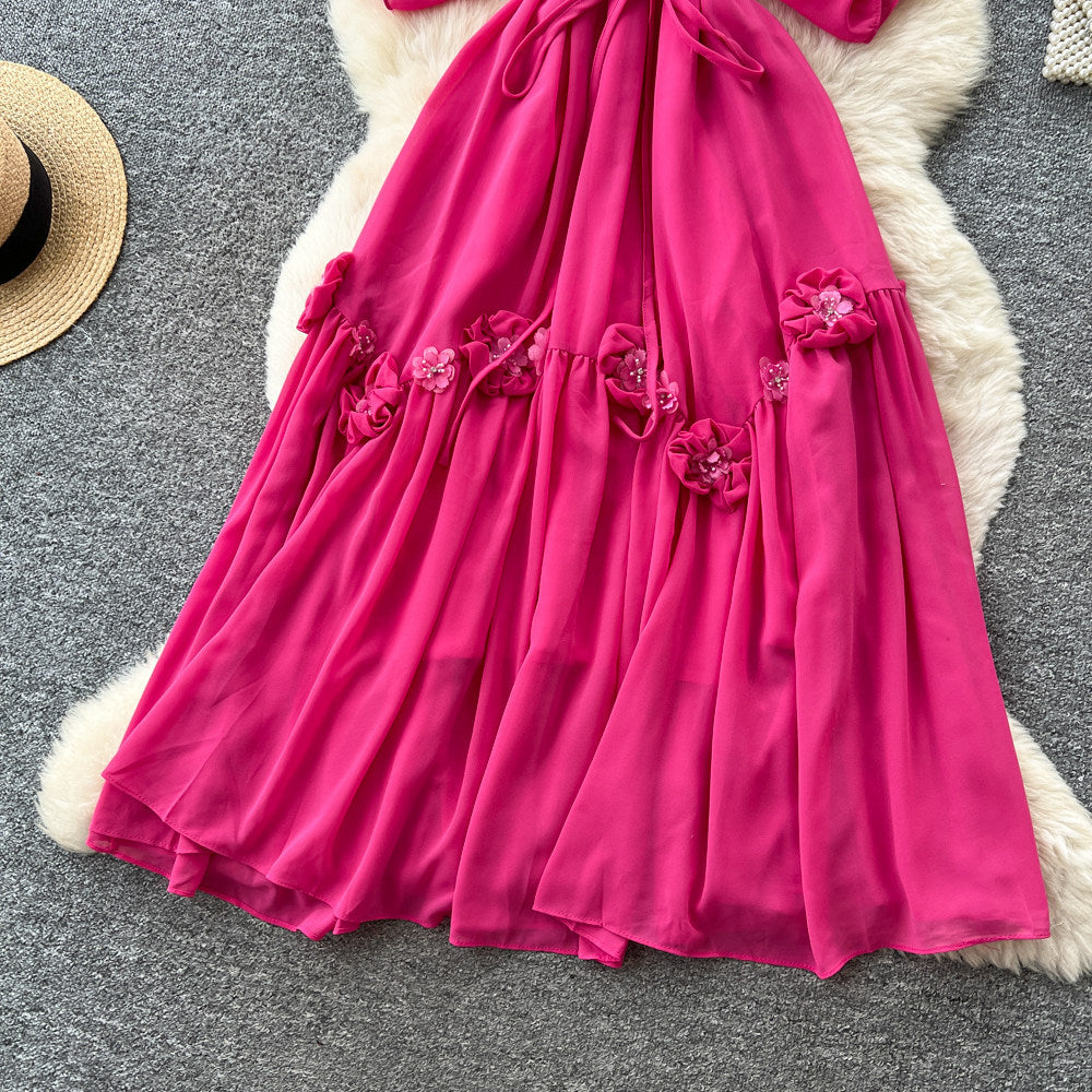 Qianjin feng accessible luxurysense of designstereo flower dress female summerlong sleeveshigh waista-line skirteleganceelegant