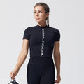 Stylish english printing yoga clothes short sleeve tight shaping high elastic round neck yoga clothes tops sports yoga in stock
