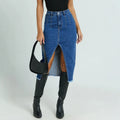 fashion style high elastic half-length denim skirt for women with front slit elegant arm-covering skirt easiest for matchslimming look blue denim skirt