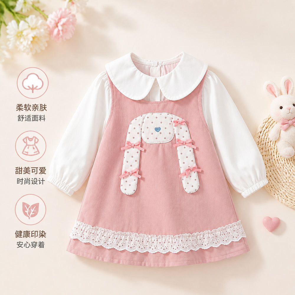 Girls' dress - spring/autumn  new collection - baby girl faux two-piece doll collar princess dress - stylish bunny dress for toddlers