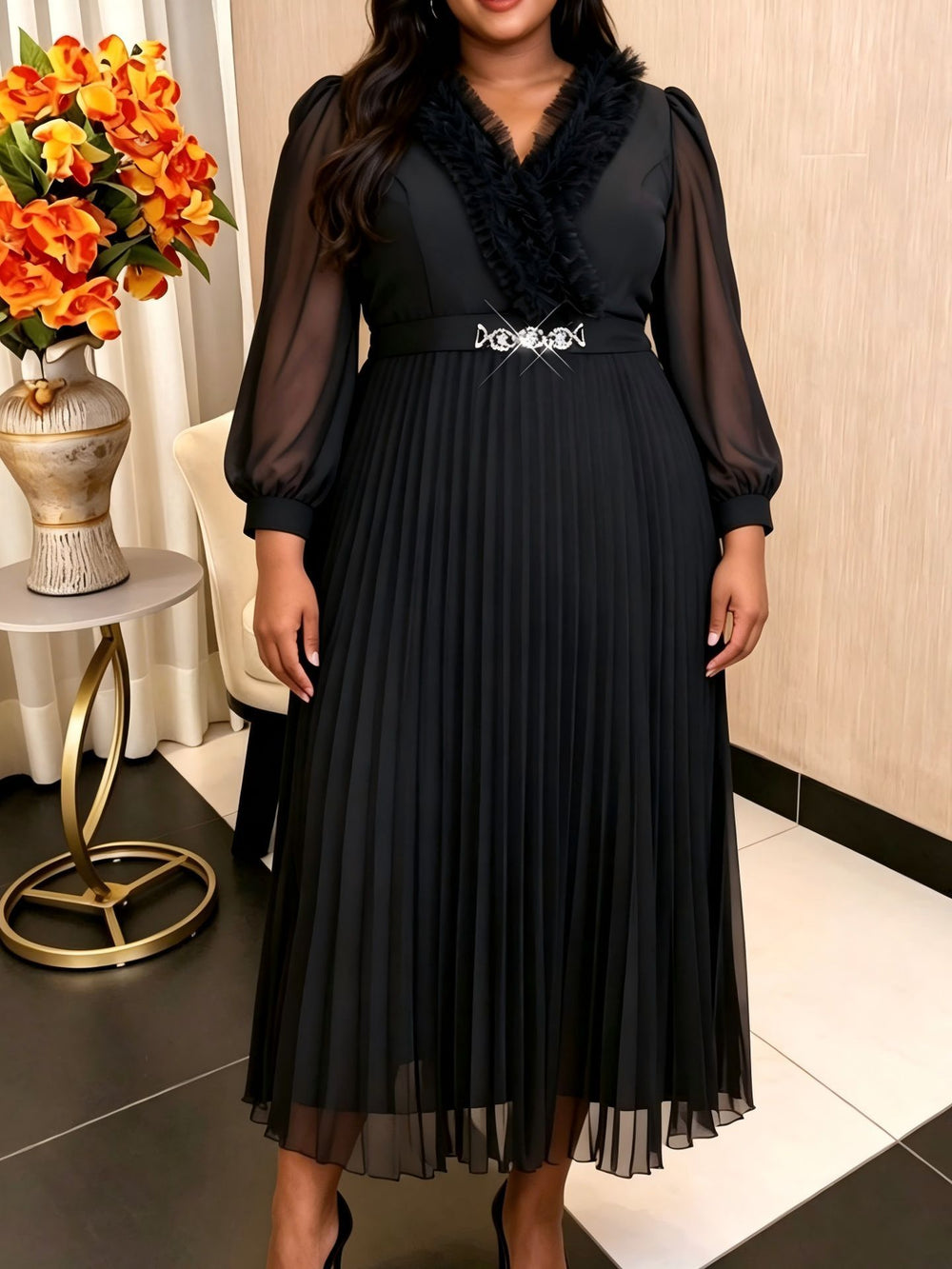 African plus size black dress - raw hem design, v-neck, sheer chiffon sleeves, belted pleated skirt