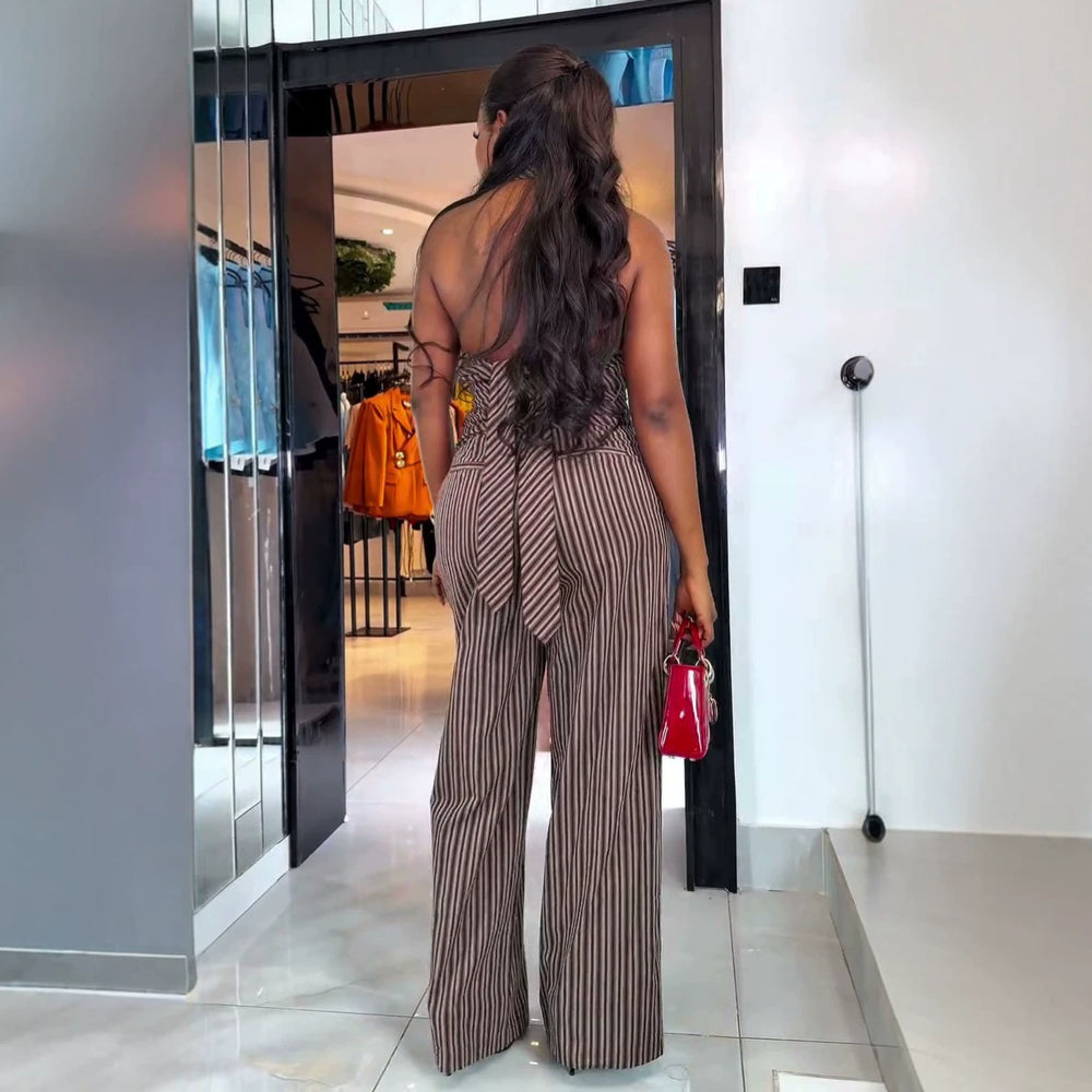European and american cross-border women's fashion:  summer new collection - stylish v-neck striped sleeveless top and wide-leg pants set