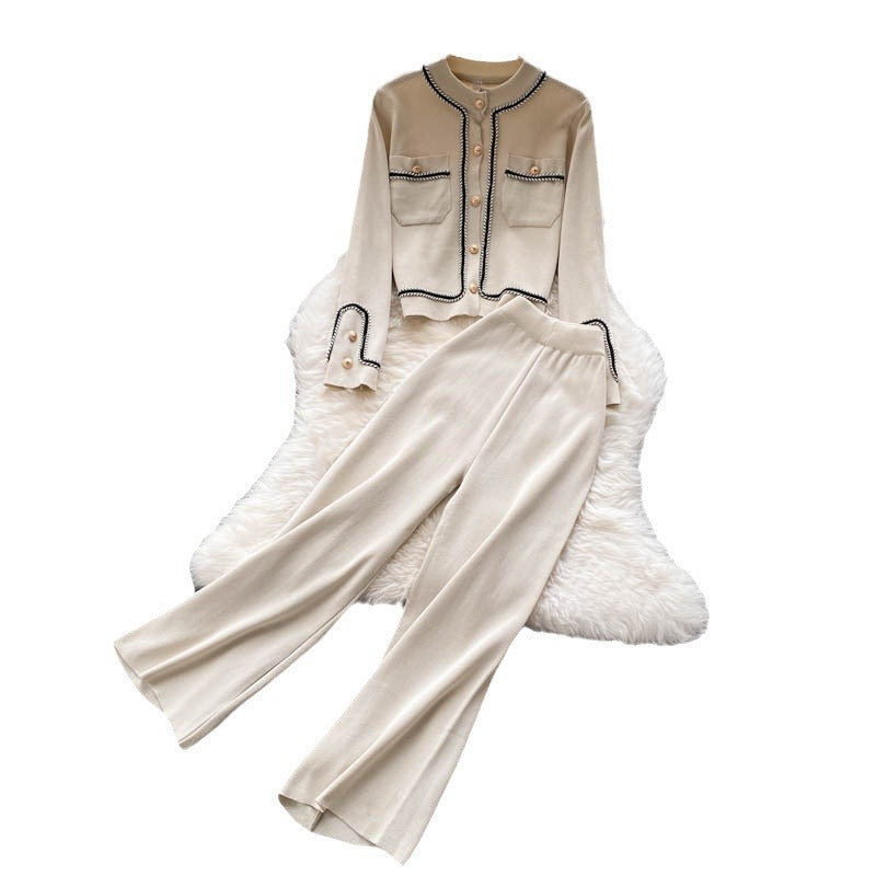 Light mature style knittingsuit women's autumnew arrivalsense of design single breasted cardiganhigh waistslimming lookloose pantstwo-piece set