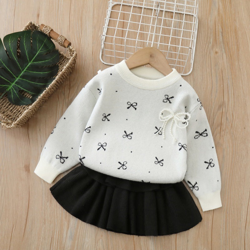 Girls' sweater two-piece set: new korean style, chic bow detail, kids' knitted pullover top and tiered skirt outfit
