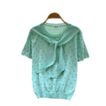 Korean style ribbon hollow-out polka dot knit top - women's summer, skin-friendly, breathable, short sleeve, v-neck, slimming, versatile, and youthful top