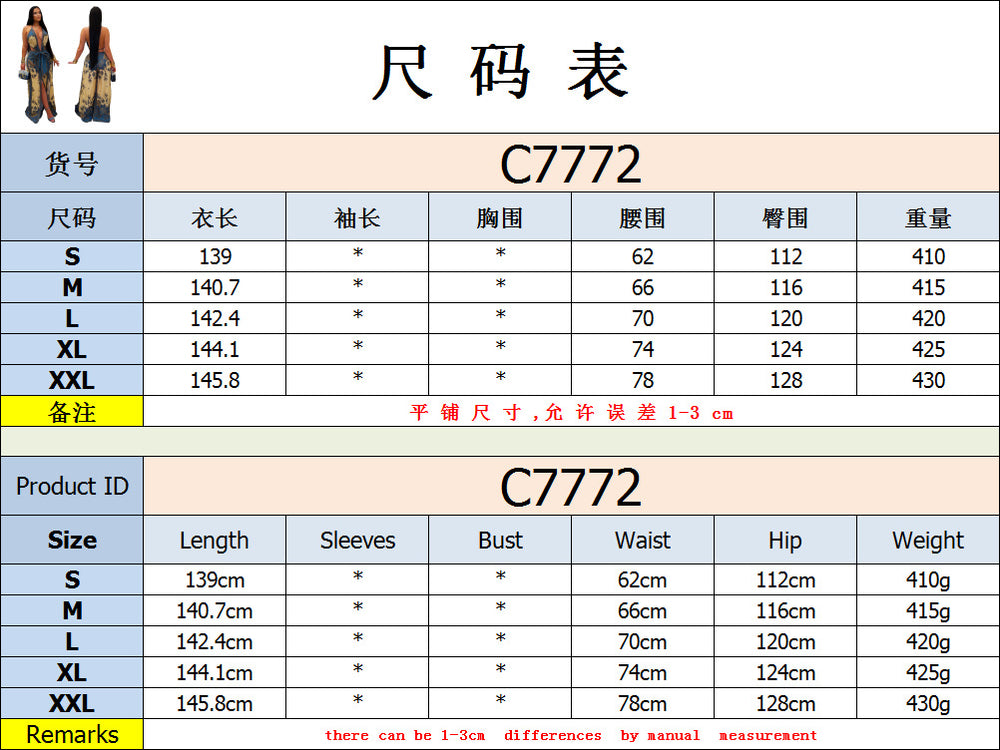 C7772 cross-border  new women's retro print deep v waist tie-up slit wide leg vacation style jumpsuit