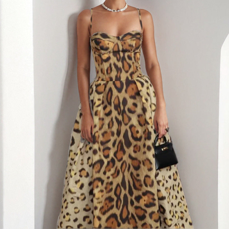 cross-border e-commerce european and american women's clothing: new summer collection - sexy leopard print backless slimming cami dress
