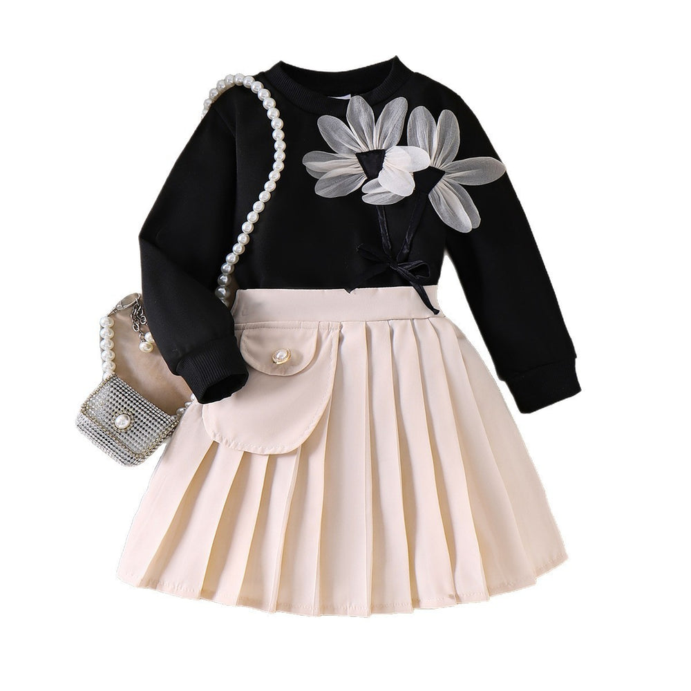 Children's clothing cross-border girl suit flower black long sleeves tops pleated skirt