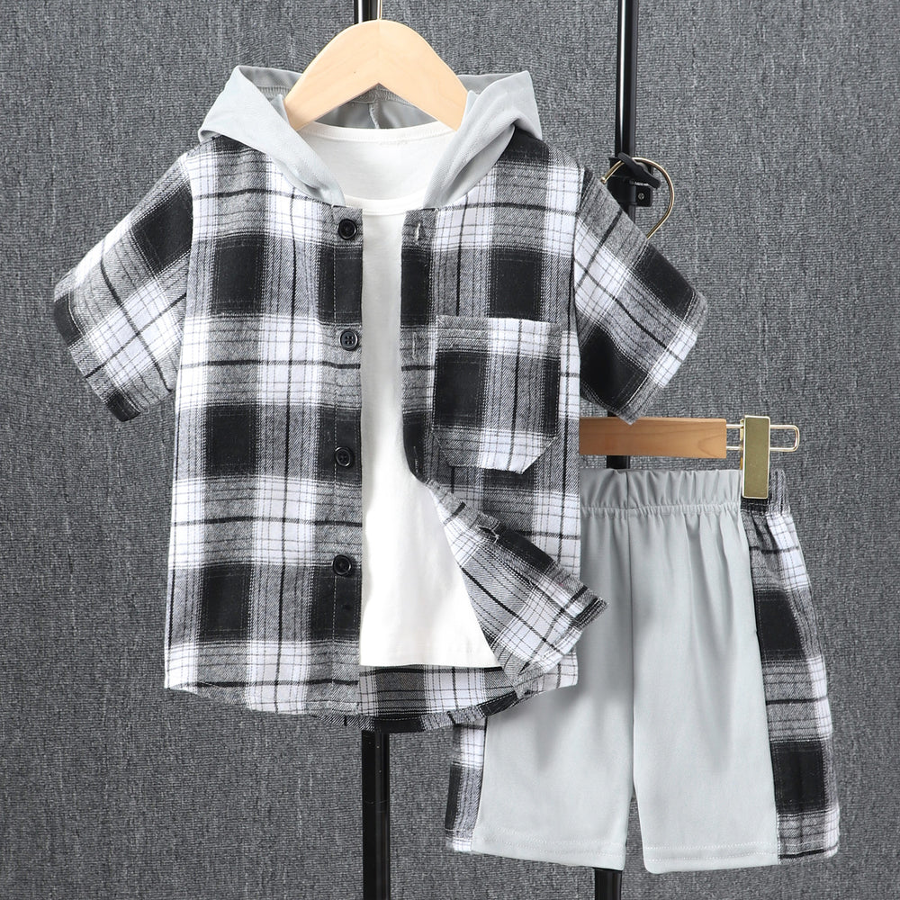 e-commerce special summer plaid plaid children's hooded short-sleeved shirt suit