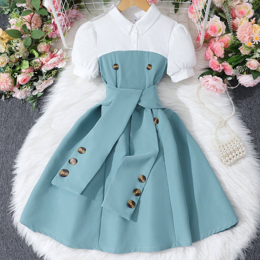 Children's short-sleeved lapel button patchworkcontrast colordress
