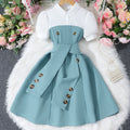 Children's short-sleeved lapel button patchworkcontrast colordress