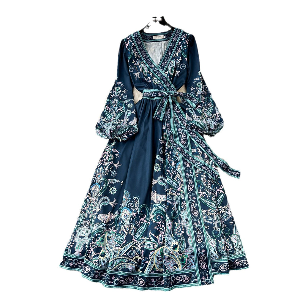 2024 early spring new french chic one-piece tie-waist printed dress - women's luxury elegant maxi dress