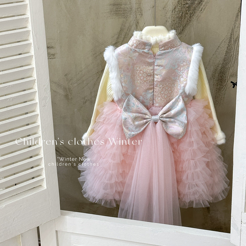 Girl new year's greetings chinese style dress tang suit pink birthday dress cake skirt fleece-lined princess dress