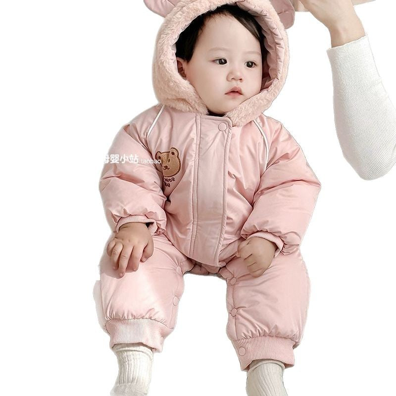Baby winter romper fleece-lined hooded warm bodysuit for boys and girls - super cute thickened outdoor crawling suit