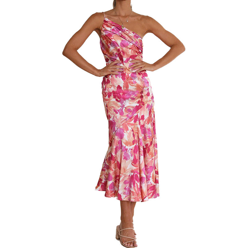 european and american women's fashion printed asymmetrical neck ruffle hem summer dress - custom design and manufacturing available