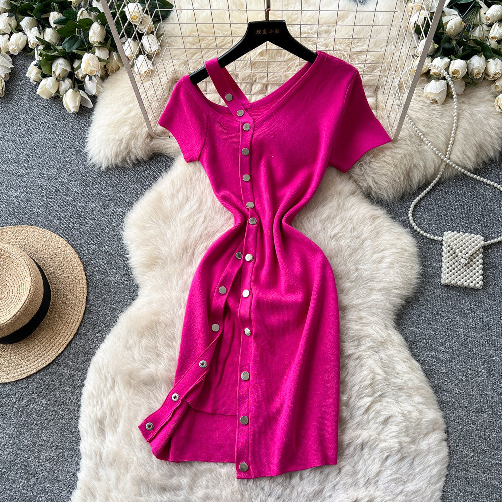 K-stylesexyv neck short-sleeved metal button knittingdress women's summer oblique shoulder slimming look silmelegant hip skirt