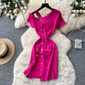 K-stylesexyv neck short-sleeved metal button knittingdress women's summer oblique shoulder slimming look silmelegant hip skirt