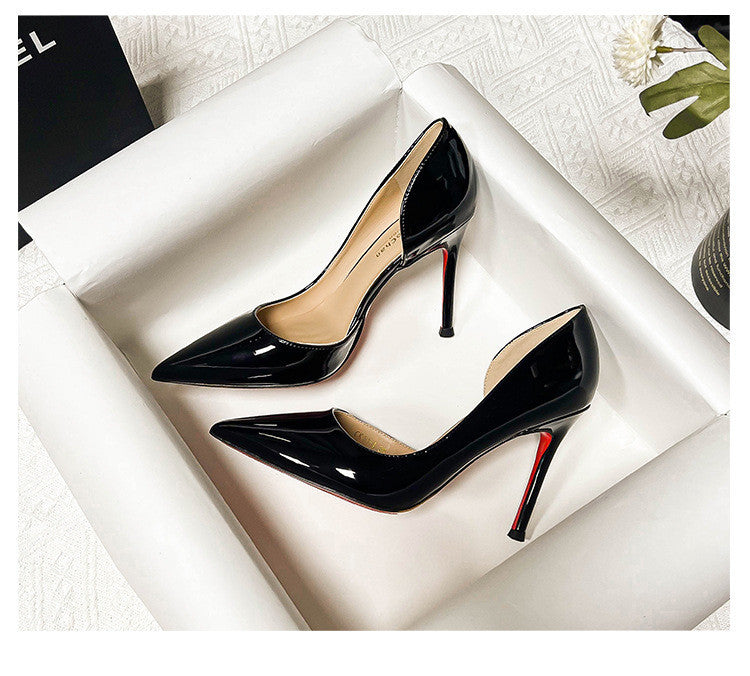 Yx sexy patent leather black red sole shoes - work commute pointed toe stiletto heels - elegant high heels - nude single shoes for women