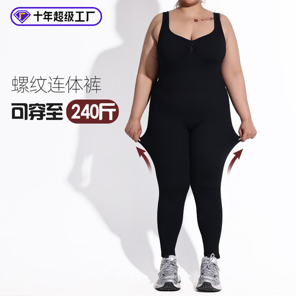 Large size backless thick threaded jumpsuit women's fixed shoulder strap sports shapewear seamless hip lift yoga suit