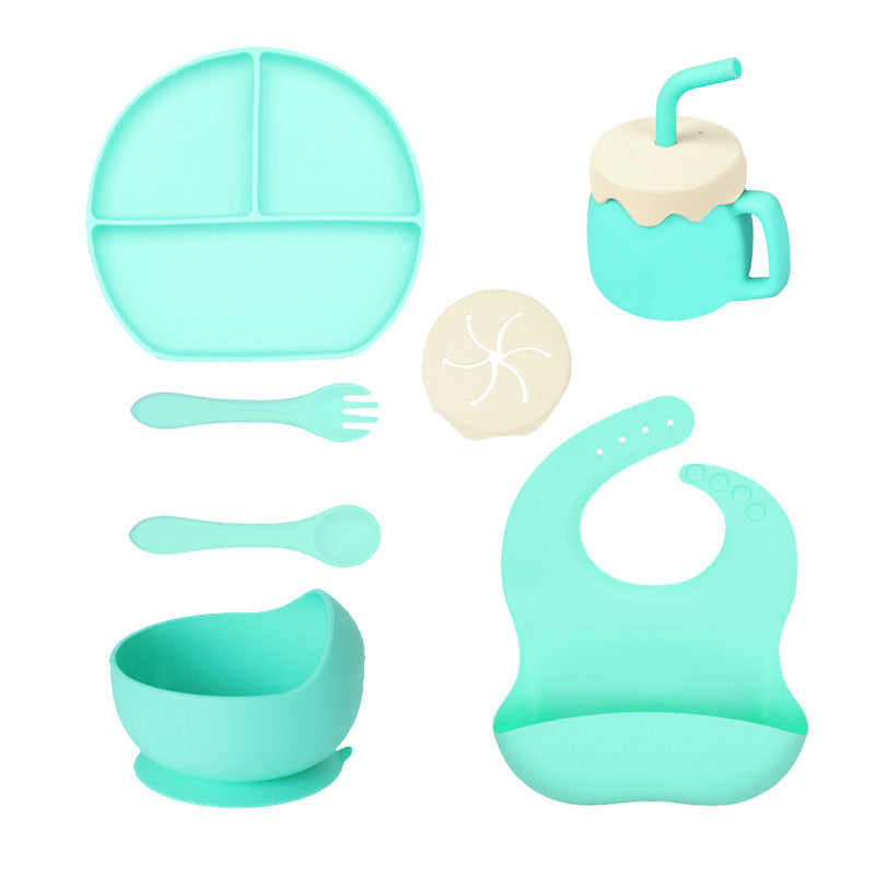 Children's Silicone Plate 7-piece Set Baby Separate Plate Feeding Bib Water Cup Fork Spoon Supplementary Food Bowl Tableware