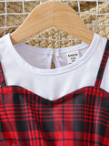hot-selling girls' flutter sleeve crewneck plaid patchwork dress - cross-border exclusive