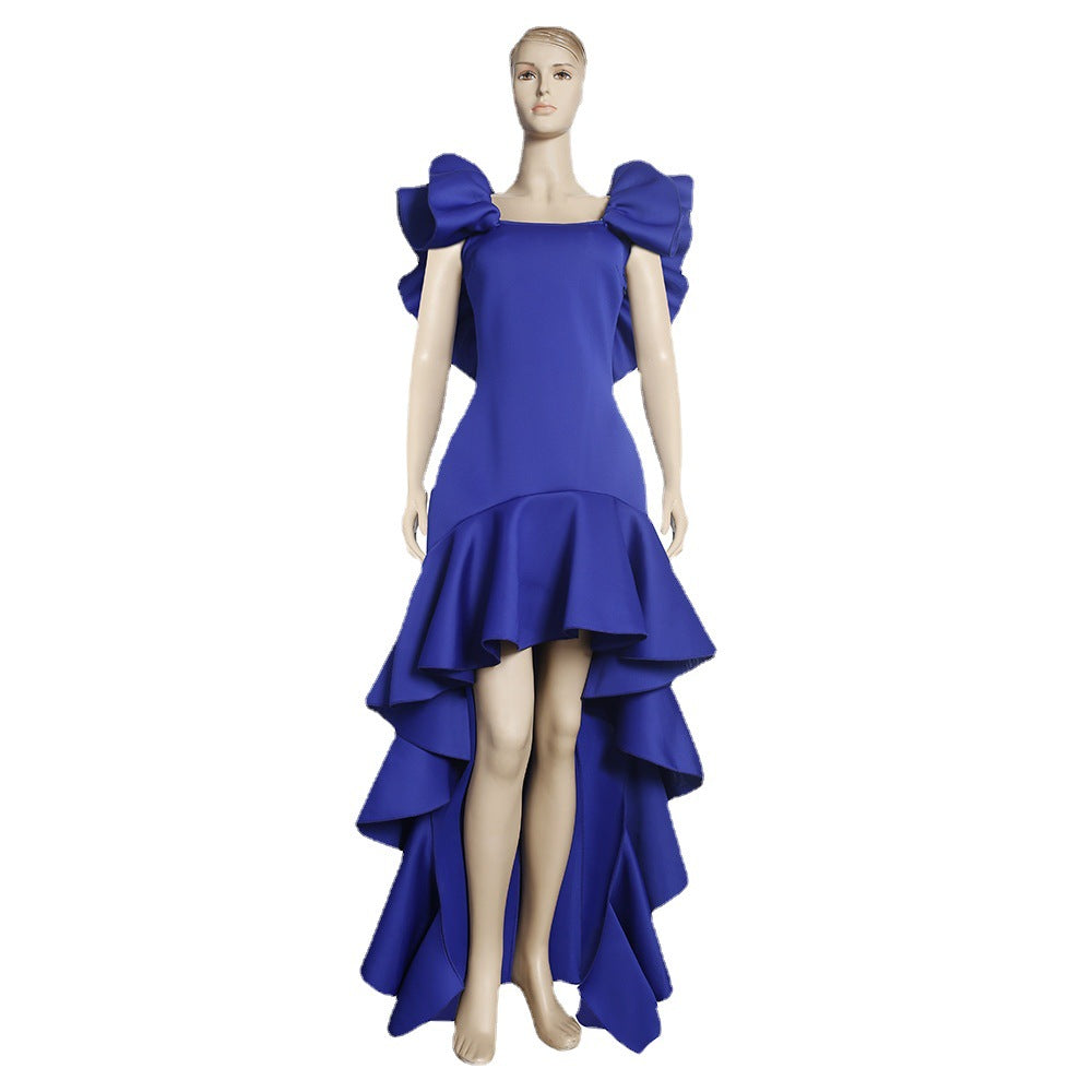 women's dress  new arrivalruffles large slit floor-length pure colordresspopular evening dress