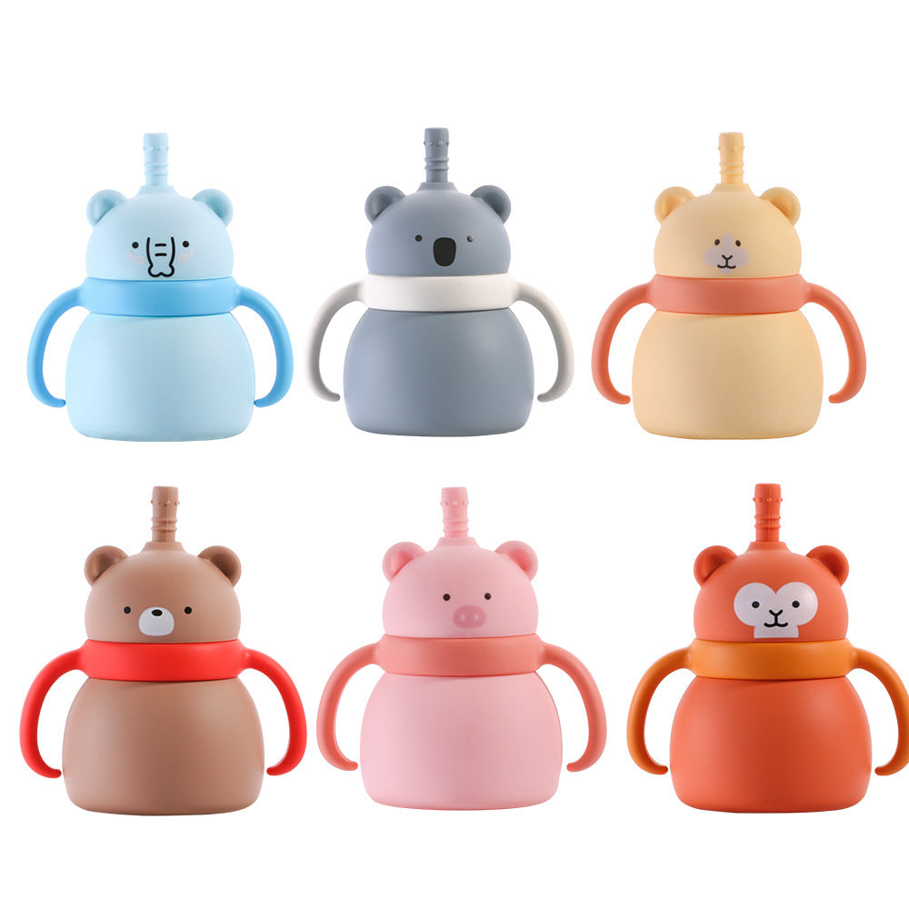 Baby silicone water cup Animal double handle Baby feeding tableware Drinking cup Large capacity silicone straw cup