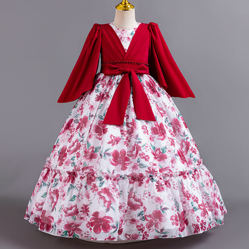 European and american new girls' chiffon floral princess dress - perfect for parties, piano performances, and evening events. kids' dress