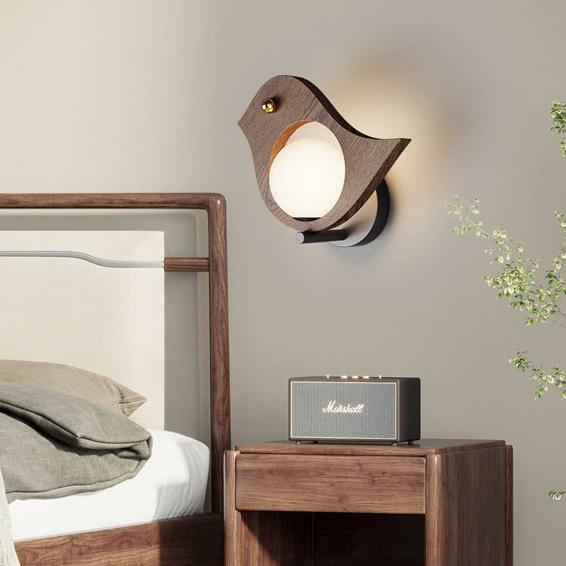Wall lamp medieval walnut color bird decorative lamp children's room warm wall lamp creative and beautiful bedroom bedside lamp