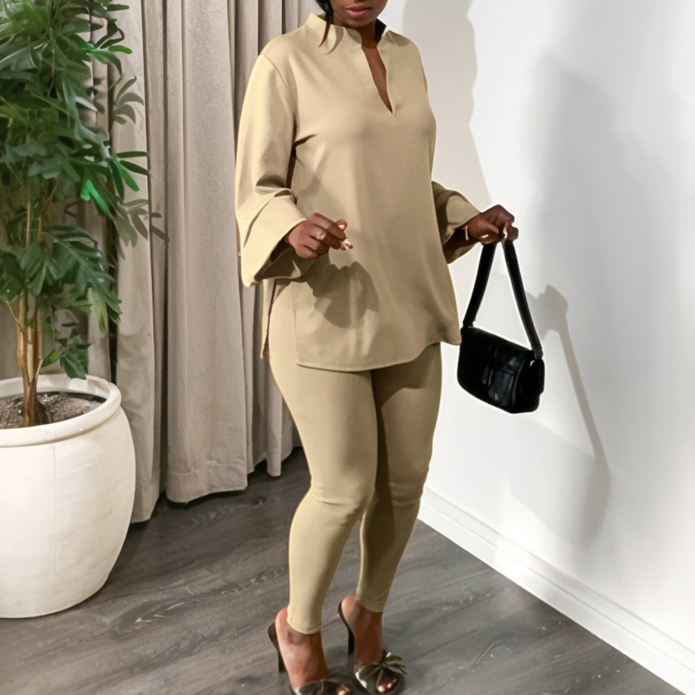 D535 women's foreign trade outfit:  autumn/winter fashion, solid color plus size v-neck long sleeve top and pants african style set