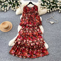 Frenchromantic style lantern sleeve floral dress female autumk-style waist slimming lookruffleselegant cake skirt