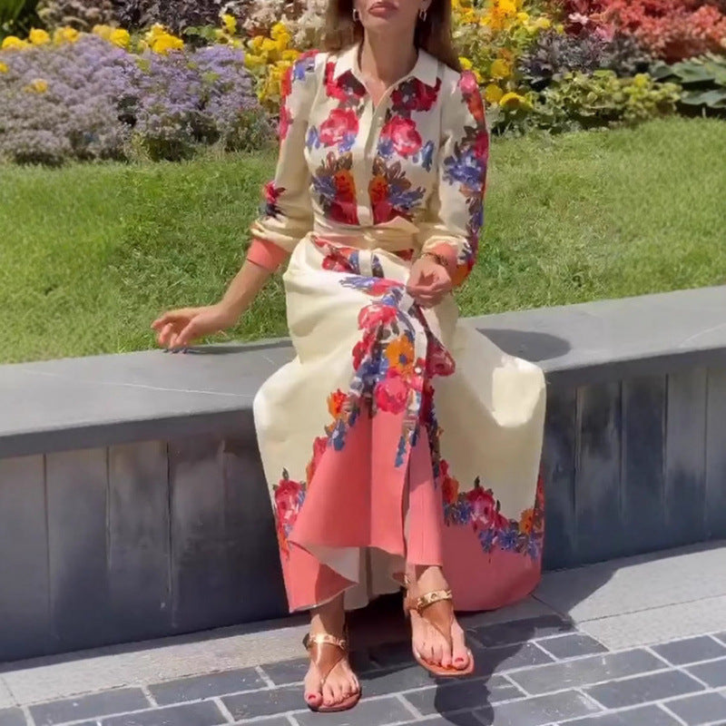 new european and american style women's casual printed tie-neck dress for cross-border e-commerce